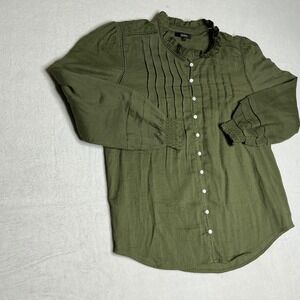 Quince Olive Green Gauze Button Front Pintuck Ruffle Collar Long Sleeve Blouse M